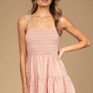 Lulus “Crush On You” Blush Plaid Tie-Strap Smocked Mini Dress | NWT | Size XL